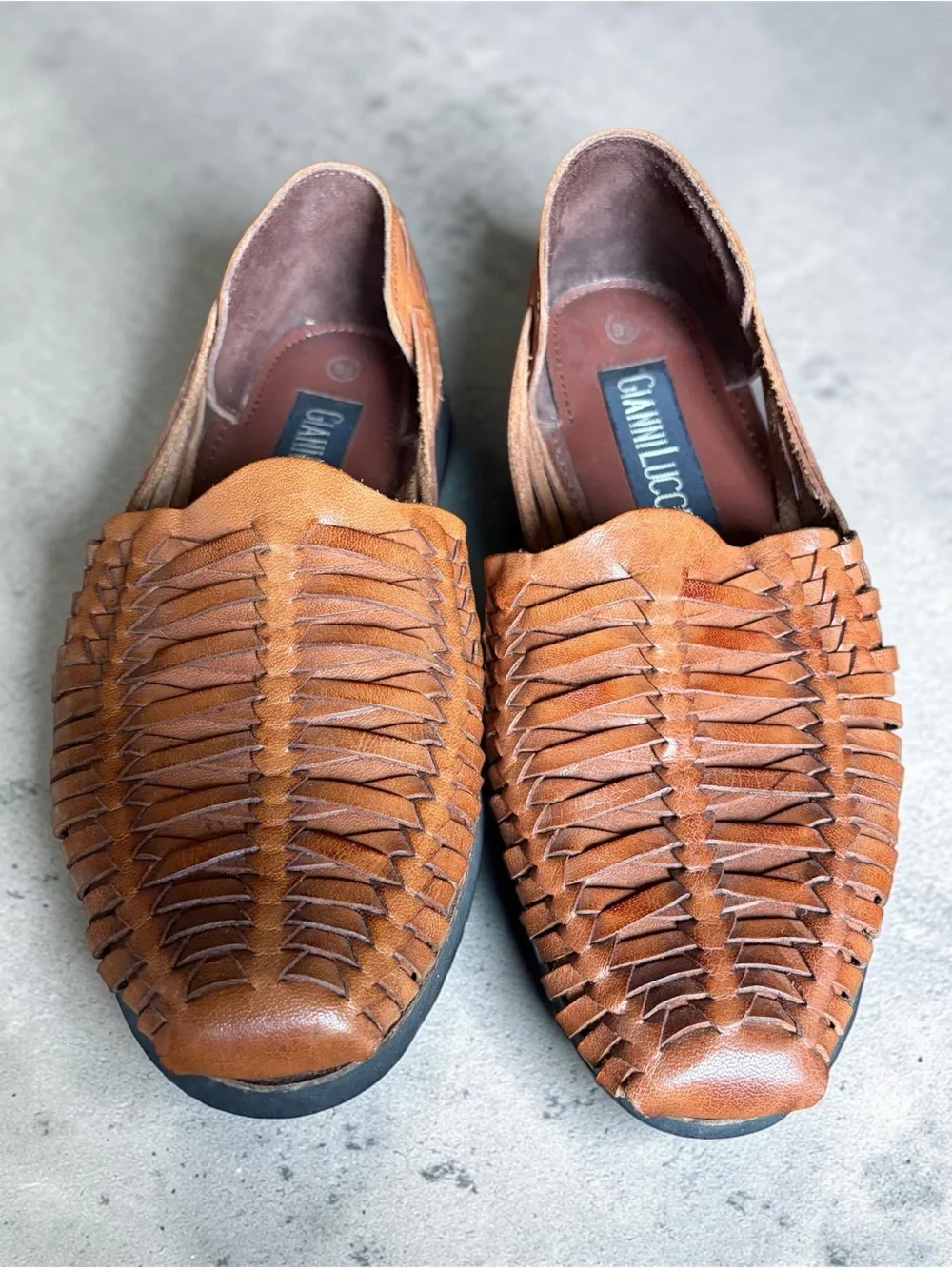 Men’s Woven Leather Slip-On — Tan.  Great condition